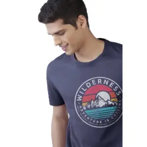 Men's?Casual Half sleeve Printed Polyester Crew Neck T-shirt (Navy)