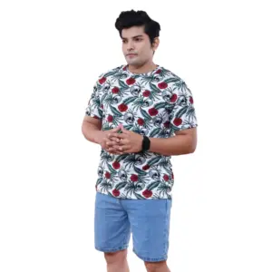 Men's?Casual Half sleeve Floral Printed Cotton Crew Neck T-shirt (White)