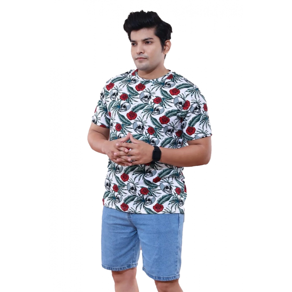 Men's?Casual Half sleeve Floral Printed Cotton Crew Neck T-shirt (White)