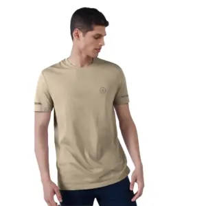 Men's Casual Half sleeve Solid Polyester Crew Neck T-shirt (Beige)