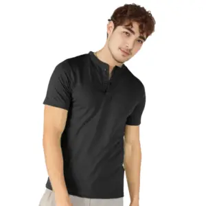 Men's?Casual Half sleeve Solid?Cotton Henley Neck T-shirt (Black)