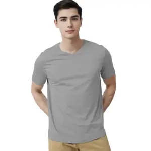 Men's?Casual Half sleeve Solid?Cotton V Neck T-shirt (Grey Melange)