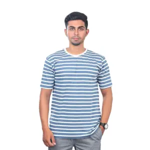 Men's?Casual Half sleeve Stripped Cotton Crew Neck T-shirt (Blue)