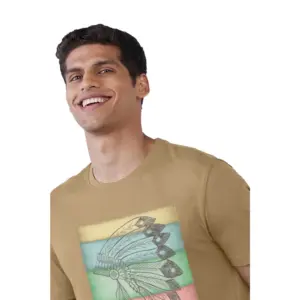Men's?Casual Half sleeve Digital Printed Cotton Crew Neck T-shirt (Sand)