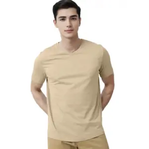 Men's?Casual Half sleeve Solid?Cotton V Neck T-shirt (Beige)