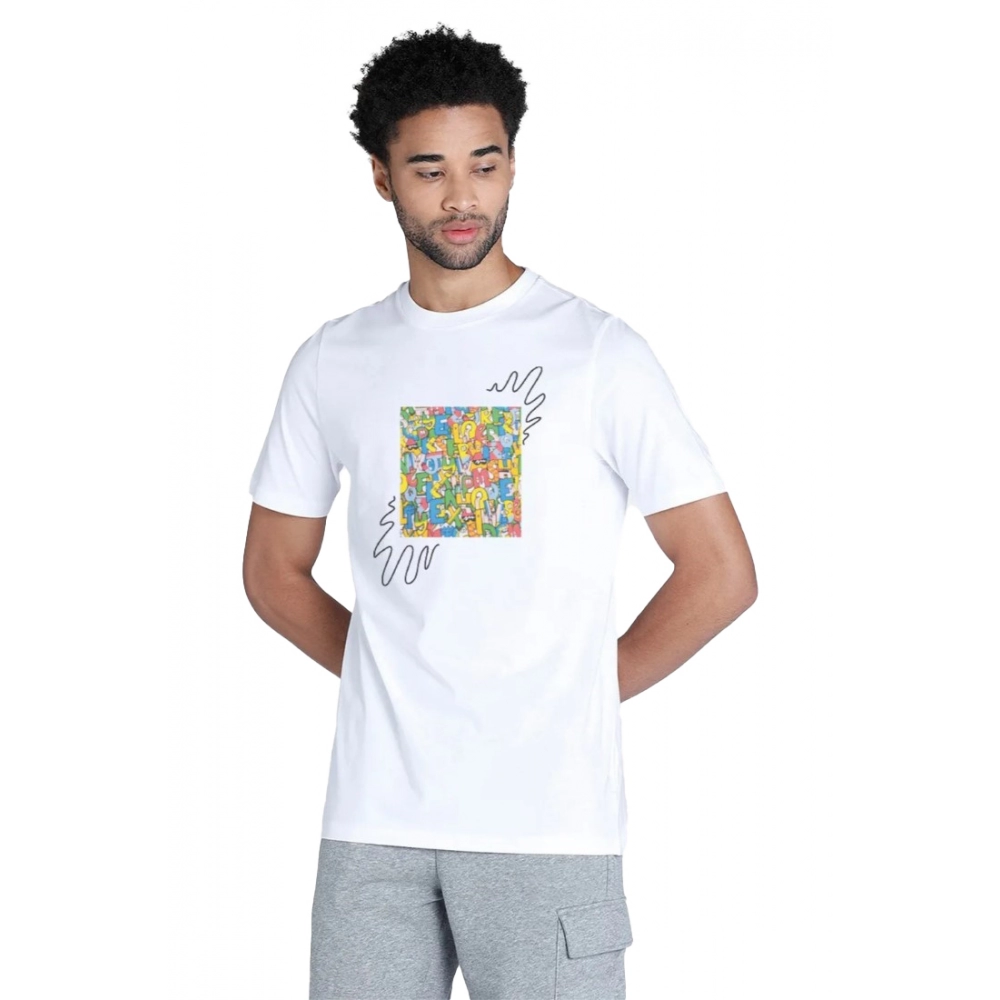 Men's?Casual Half sleeve Printed Polyester Crew Neck T-shirt (White)