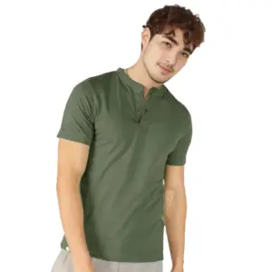 Men's?Casual Half sleeve Solid?Cotton Henley Neck T-shirt (Olive)