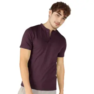 Men's?Casual Half sleeve Solid?Cotton Henley Neck T-shirt (Wine)