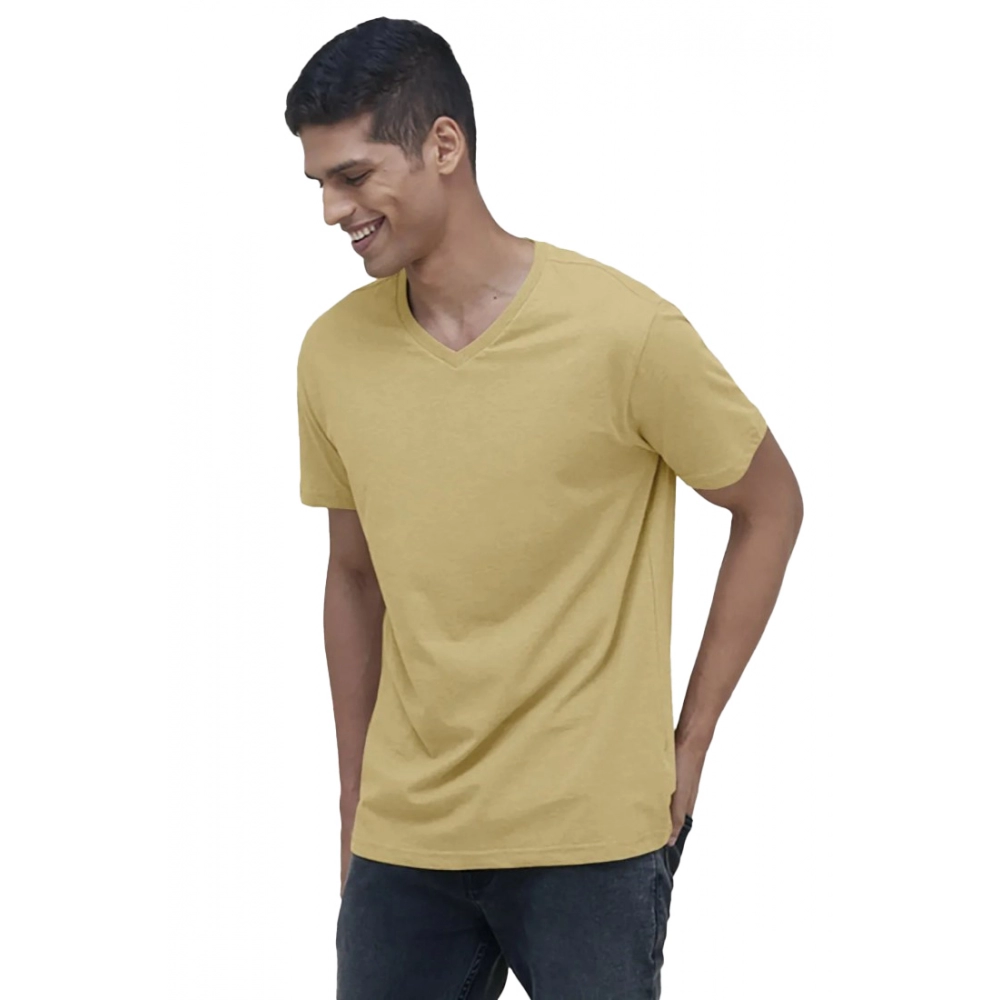 Men's?Casual Half sleeve Solid?Cotton V Neck T-shirt (Sand)