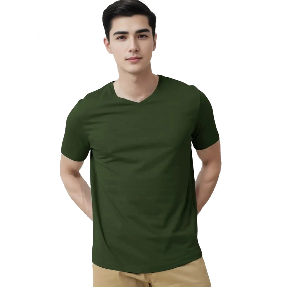 Men's?Casual Half sleeve Solid?Cotton V Neck T-shirt (Olive)