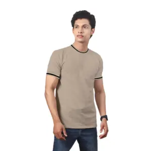 Men's?Casual Half sleeve Solid?Polyester Crew Neck T-shirt (Beige)