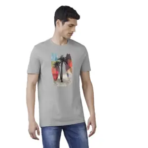 Men's?Casual Half sleeve Printed Polyester Crew Neck T-shirt (Grey)
