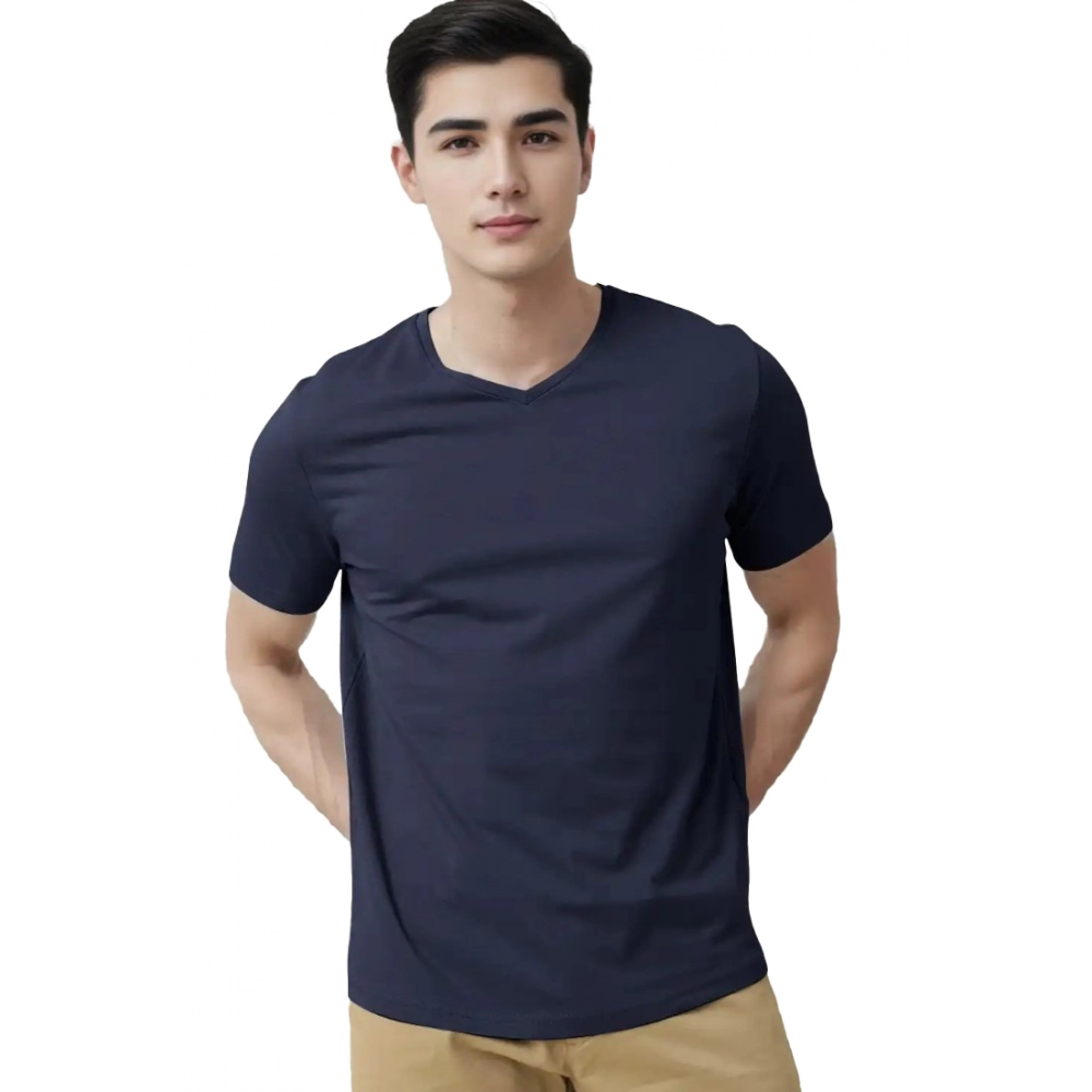 Men's?Casual Half sleeve Solid?Cotton V Neck T-shirt (Navy)