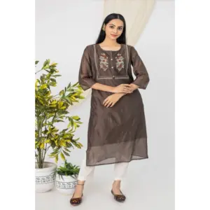 Women's Casual 3/4 Sleeve Chanderi Printed Kurti (Brown)