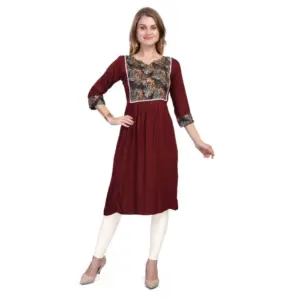 Women's Casual 3/4 Sleeve Viscose Rayon Printed Kurti (Brown)