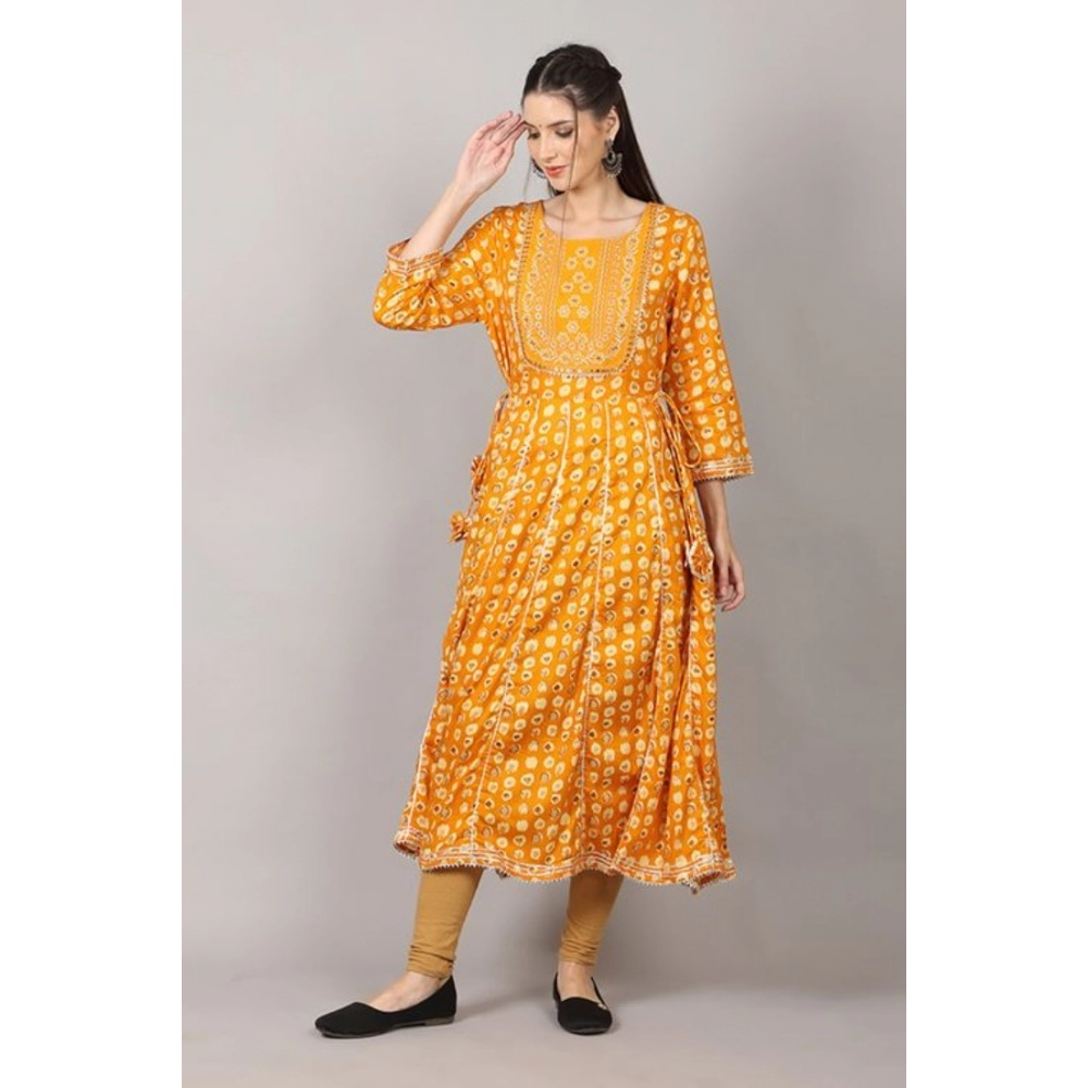 Women's Casual 3/4 Sleeve Cotton Blend Printed Kurti (Yellow) - Image 3