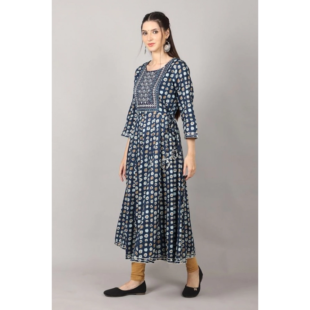 Women's Casual 3/4 Sleeve Cotton Blend Printed Kurti (Dark Blue) - Image 3