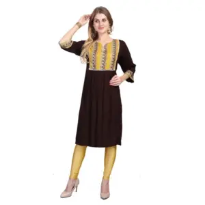 Women's Casual 3/4 Sleeve Viscose Rayon Printed Kurti (Brown)