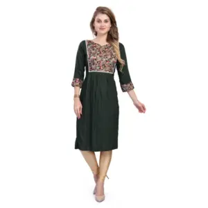 Women's Casual 3/4 Sleeve Viscose Rayon Printed Kurti (Dark Green)