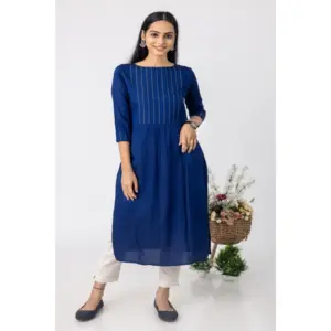 Women's Casual 3/4 Sleeve Tussar Silk Printed Kurti (Blue)
