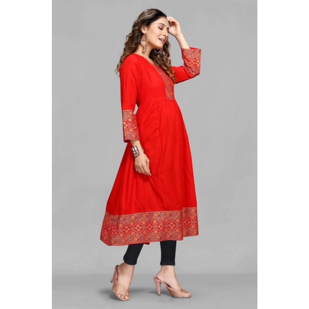 Women's Casual 3/4 Sleeve Viscose Rayon Foil Printed Kurti (Red) - Image 3