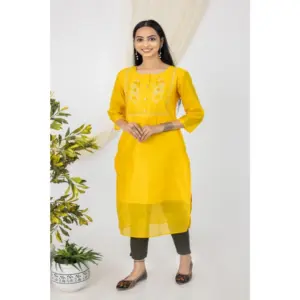 Women's Casual 3/4 Sleeve Chanderi Printed Kurti (Yellow)