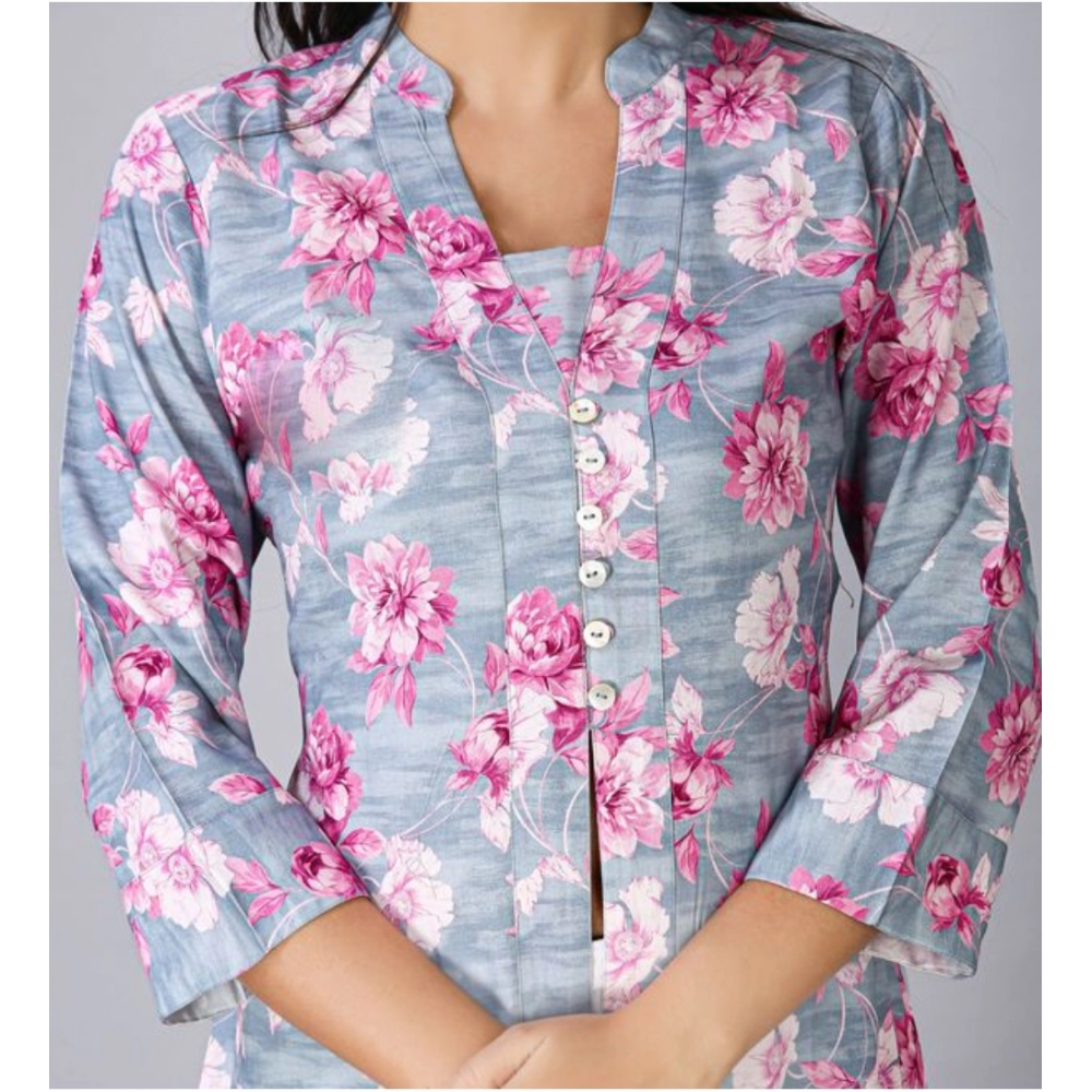 Women's Casual 3/4 Sleeve Viscose Rayon Printed Kurti (Grey) - Image 2