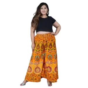 Women's Cotton Jaipur Printed Elastic Palazzo Pant (Yellow, Free Size)