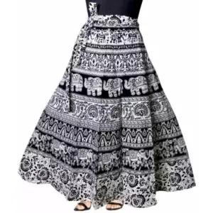 Women's Cotton Jaipur Printed Wrap Around Maxi Skirt (Black, Free Size)
