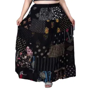 Women's Rayon Printed Elastic Skirt (Black, Free Size)