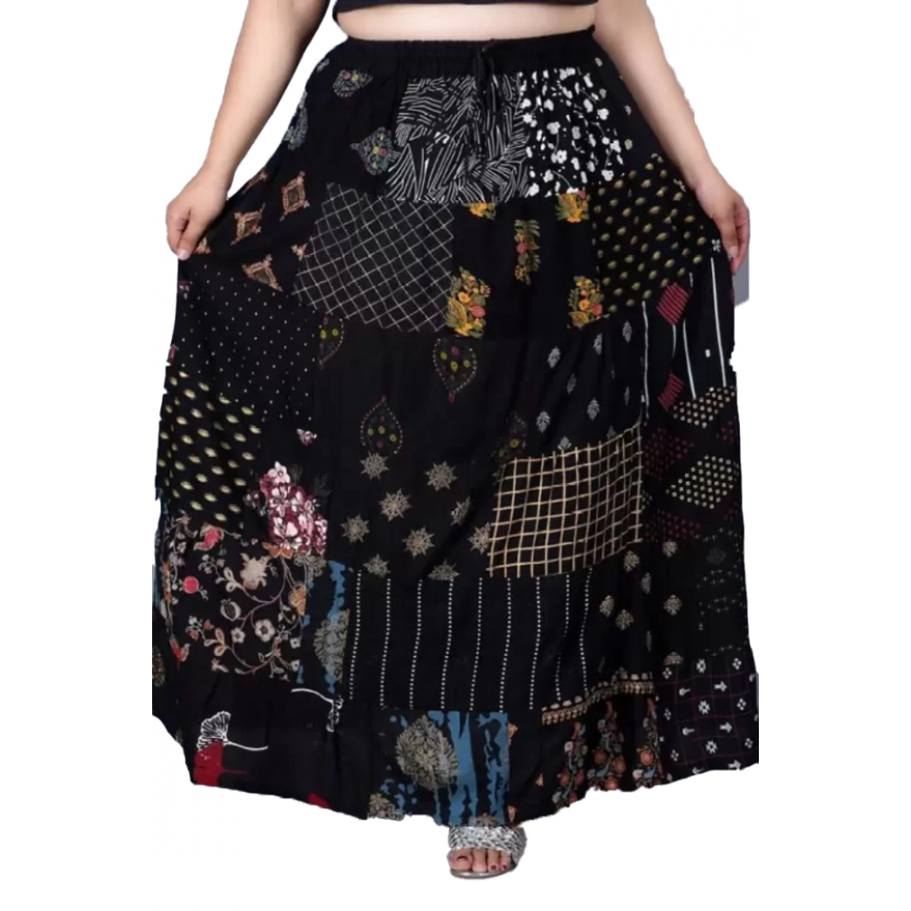 Women's Rayon Printed Elastic Skirt (Black, Free Size)