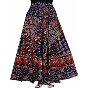 Women's Cotton Jaipur Printed Elastic Skirt (Blue, Free Size)