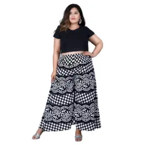 Women's Cotton Printed Elastic Palazzo Pant (Black, Free Size)