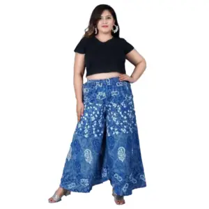 Women's Cotton Printed Elastic Palazzo Pant (Blue, Free Size)