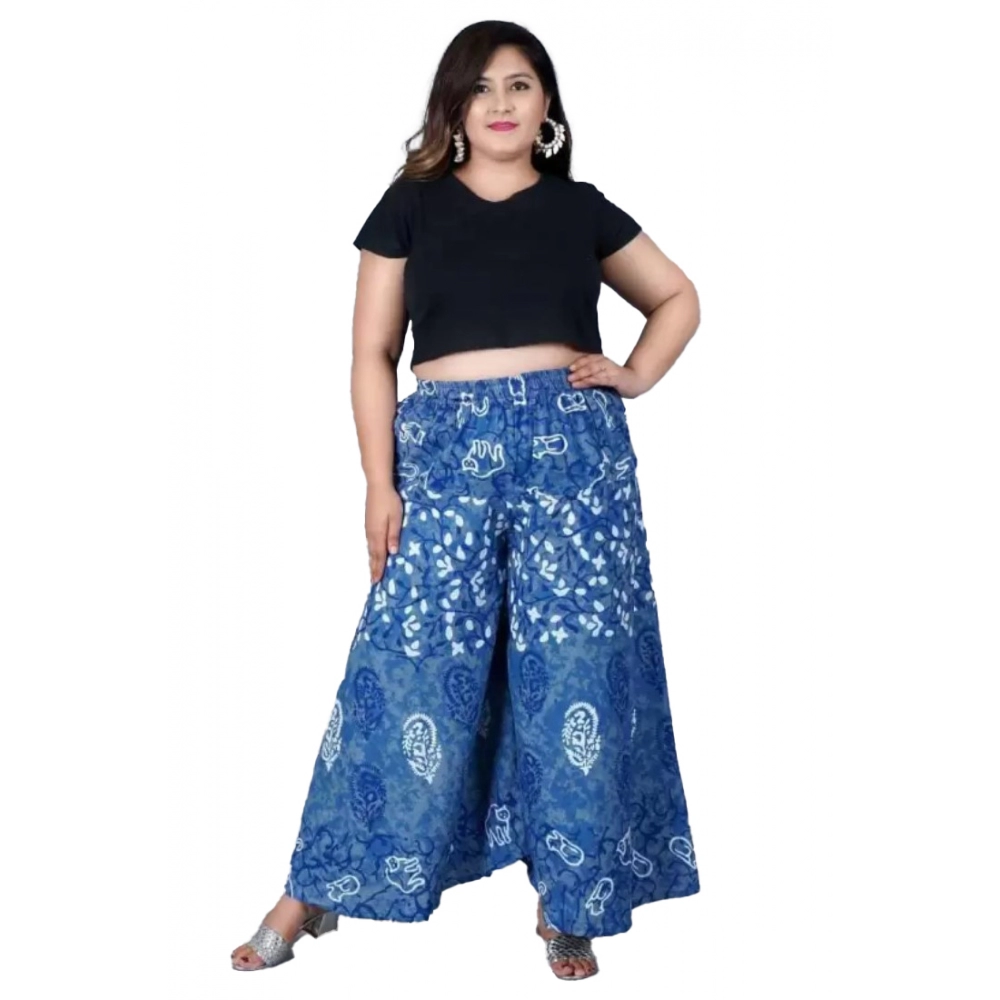 Women's Cotton Printed Elastic Palazzo Pant (Blue, Free Size)
