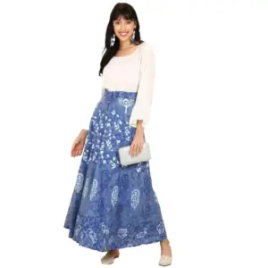 Women's Cotton Printed Wrap Around Maxi Skirt (Blue, Free Size)