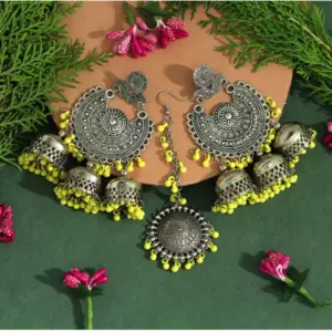 Women's Yellow Color Oxidised Earrings Tikka Set