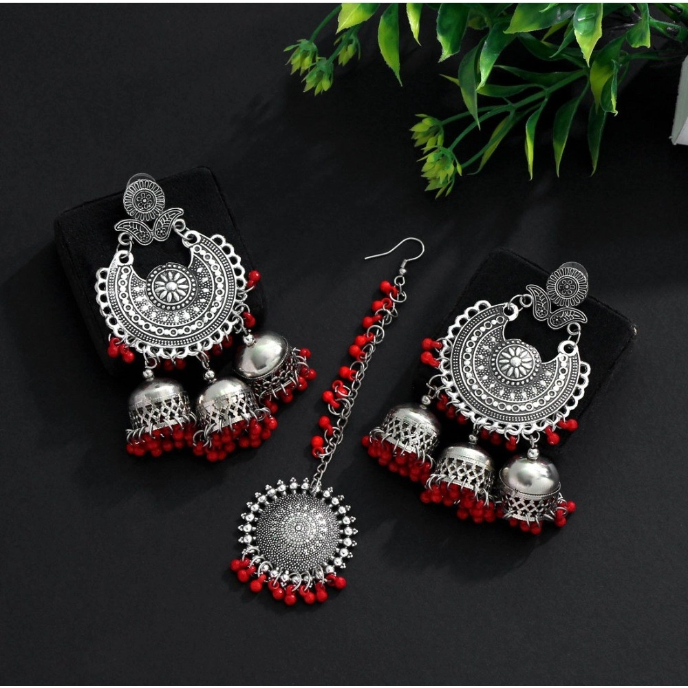 Women's Red Color Oxidised Earrings Tikka Set