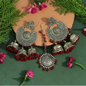 Women's Maroon Color Oxidised Earrings Tikka Set