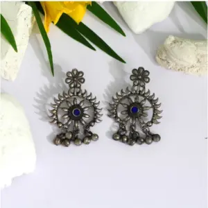 Women's Blue Color Glass Stone Oxidised Earrings