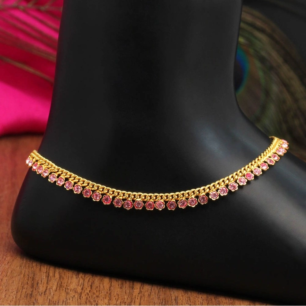 Women's Pink Color Rhinestone Anklets (Free Size: Upto 10")