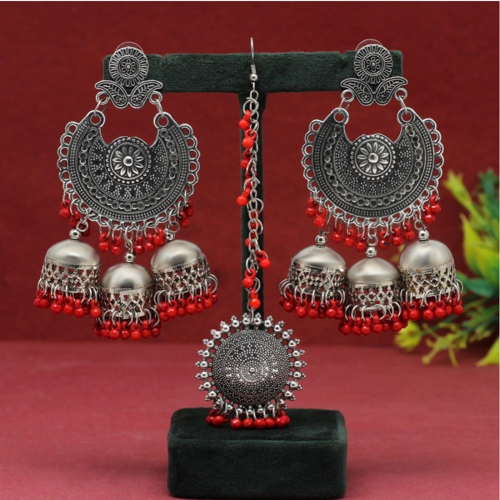 Women's Red Color Oxidised Earrings Tikka Set - Image 2