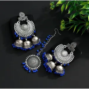 Women's Blue Color Oxidised Earrings Tikka Set