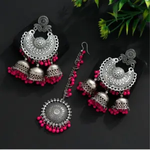Women's Rani Color Oxidised Earrings Tikka Set