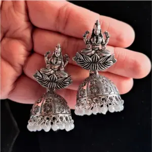 Women's Silver Color Goddess Laxmi Temple Oxidised Earrings