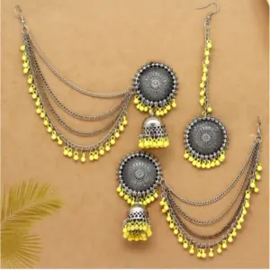 Women's Yellow Color Oxidised Earrings Tikka Set