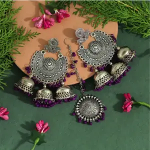 Women's Purple Color Oxidised Earrings Tikka Set
