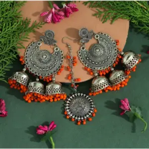Women's Orange Color Oxidised Earrings Tikka Set