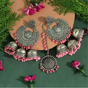 Women's Baby Pink Color Oxidised Earrings Tikka Set