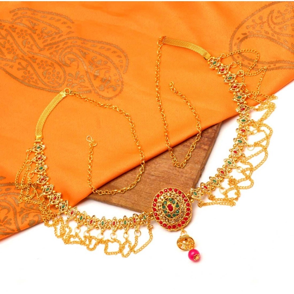 Women's Maroon & Green Color Glass Stone Kamarband Adjustable Chain - Image 2